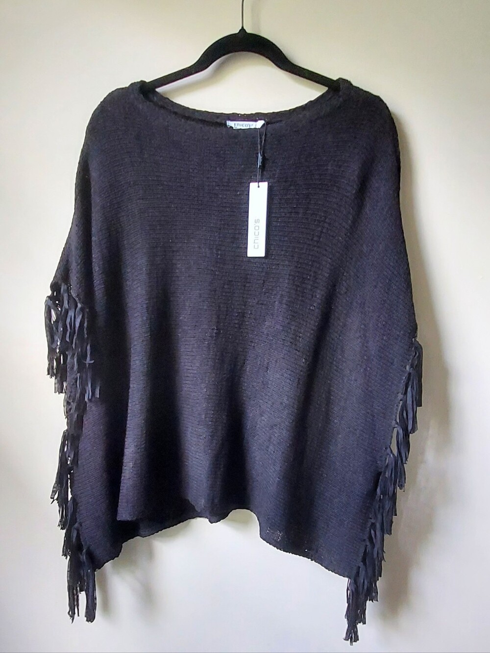 Chico's Black Knit Poncho with Fringe Trim  S/M NWT